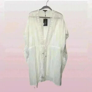 Club Z Collection Women 2X White Cotton Swim Crochet Lace Drawstring Cover Up